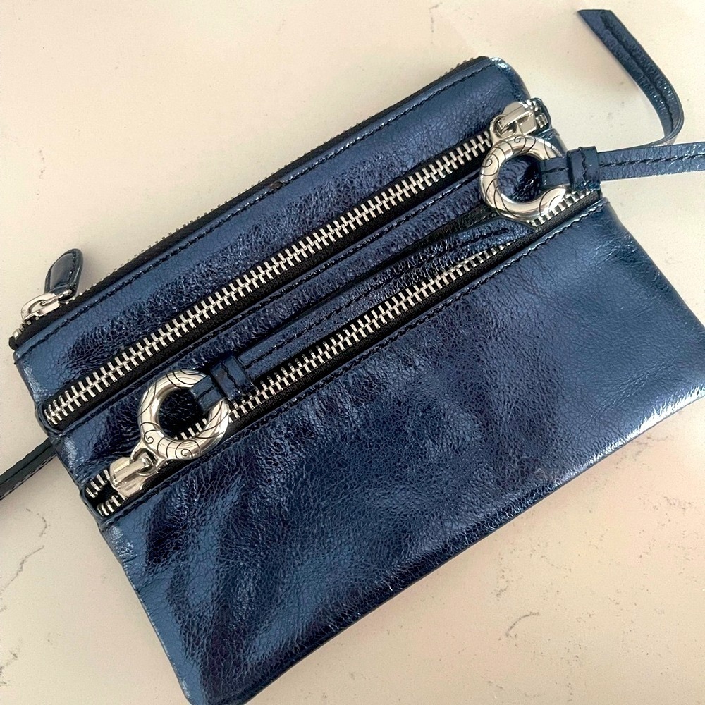 Brighton  Blue Metallic Triple Zipper Wristlet Pouch
